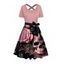 Robe gothique à manches courtes et croisées, motif tête de mort, toile d'araignée, rose et feuilles, ceinture, robe de vacances trapèze - Rose clair XXL | US 14