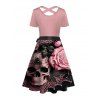 Robe gothique à manches courtes et croisées, motif tête de mort, toile d'araignée, rose et feuilles, ceinture, robe de vacances trapèze - Rose clair XXL | US 14
