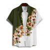 Chemise de vacances à manches courtes et col rabattu pour homme, décontractée, à motif floral et feuilles, de couleur contrastée - Vert profond L