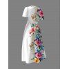 Robe de vacances à motif de feuilles de fleurs tropicales, taille haute, col en V, coupe trapèze, mi-longue, décontractée - Blanc XXL | US 14