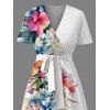 Robe de vacances à motif de feuilles de fleurs tropicales, taille haute, col en V, coupe trapèze, mi-longue, décontractée - Blanc XXL | US 14