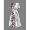 Robe de vacances à motif de feuilles de fleurs tropicales, taille haute, col en V, coupe trapèze, mi-longue, décontractée - Blanc XXL | US 14