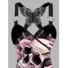 Débardeur gothique froncé en dentelle avec motif de feuilles et de toile d'araignée, motif papillon, surplis, bretelles à anneau en O, haut long pour les vacances - Noir XXL | US 14