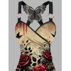 Débardeur gothique froncé en dentelle à motif de feuille de rose et de papillon avec bretelles à anneau en O et haut long pour les vacances - Noir XXL | US 14
