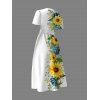 Robe de vacances à motif floral et feuilles de tournesol, taille haute, col en V, coupe trapèze, mi-longue, décontractée - Blanc XXL | US 14