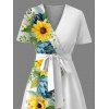 Robe de vacances à motif floral et feuilles de tournesol, taille haute, col en V, coupe trapèze, mi-longue, décontractée - Blanc XXL | US 14
