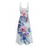 Robe de mariée à imprimé floral et feuilles, style aquarelle, avec poches, bretelles spaghetti, coupe trapèze, longue et décontractée - Bleu clair XXL | US 14