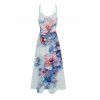Robe de mariée à imprimé floral et feuilles, style aquarelle, avec poches, bretelles spaghetti, coupe trapèze, longue et décontractée - Bleu clair XXL | US 14