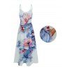 Robe de mariée à imprimé floral et feuilles, style aquarelle, avec poches, bretelles spaghetti, coupe trapèze, longue et décontractée - Bleu clair XXL | US 14