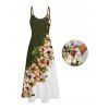 Robe de vacances à motif de feuilles de fleurs et de couleurs contrastées, bretelles spaghetti, coupe trapèze, longue et décontractée - Vert profond XXL | US 14