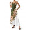 Robe de vacances à motif de feuilles de fleurs et de couleurs contrastées, bretelles spaghetti, coupe trapèze, longue et décontractée - Vert profond XXL | US 14