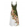 Robe de vacances à motif de feuilles de fleurs et de couleurs contrastées, bretelles spaghetti, coupe trapèze, longue et décontractée - Vert profond XXL | US 14