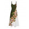 Robe de vacances à motif de feuilles de fleurs et de couleurs contrastées, bretelles spaghetti, coupe trapèze, longue et décontractée - Vert profond XXL | US 14