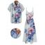 Wedding Couple Outfit Watercolor Flower Leaf Print Pocket Spaghetti Strap A Line Long Tank Dress and Button Up Shirt Vacation Matching Outfit - Bleu clair S | US 4
