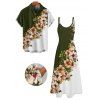 Vacation Couple Outfit Flower Leaf Pattern Contrast Color Spaghetti Strap A Line Long Tank Dress and Button Up Shirt Casual Matching Outfit - Vert profond S | US 4