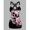 Women Gothic Outfit Rose Skulls Spider Web Leaf Pattern Butterfly Lace Ruched Long Tank Top and Hollow Out Square Buckle Strap Skinny Pants Holiday Matching Outfit - Noir S | US 4