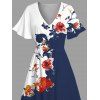 Robe de vacances fendue à motif floral et branches d'arbres, col en V, manches mi-évasées, coupe trapèze, mi-longue, décontractée - Bleu profond XXL | US 14