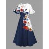 Robe de vacances fendue à motif floral et branches d'arbres, col en V, manches mi-évasées, coupe trapèze, mi-longue, décontractée - Bleu profond XXL | US 14