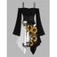 Robe gothique à lacets et imprimé tête de mort de tournesol, couleur contrastée, à volants, épaules dénudées, manches longues évasées, ourlet asymétrique, robe de vacances - Noir XXL | US 14