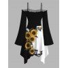 Robe gothique à lacets et imprimé tête de mort de tournesol, couleur contrastée, à volants, épaules dénudées, manches longues évasées, ourlet asymétrique, robe de vacances - Noir XXL | US 14