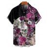 Chemise gothique à manches courtes et boutons pour homme, motif tête de mort, rose, fleur, feuille, vacances - Noir 5XL