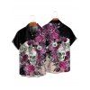 Chemise gothique à manches courtes et boutons pour homme, motif tête de mort, rose, fleur, feuille, vacances - Noir 5XL