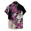 Chemise gothique à manches courtes et boutons pour homme, motif tête de mort, rose, fleur, feuille, vacances - Noir 5XL