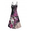 Robe gothique à imprimé tête de mort, rose, fleur et feuilles, bretelles spaghetti, coupe trapèze, longue, pour les vacances - Noir XXL | US 14