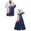 Vacation Couple Outfit Floral Tree Branches Pattern Colorblock Slit Half Flare Sleeve Dress and Button Up Shirt Casual Matching Outfit - Bleu de Minuit S | US 4