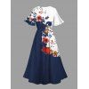 Vacation Couple Outfit Floral Tree Branches Pattern Colorblock Slit Half Flare Sleeve Dress and Button Up Shirt Casual Matching Outfit - Bleu de Minuit S | US 4