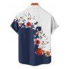 Vacation Couple Outfit Floral Tree Branches Pattern Colorblock Slit Half Flare Sleeve Dress and Button Up Shirt Casual Matching Outfit - Bleu de Minuit S | US 4