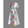 Vacation Couple Outfit Tropical Flower Leaf Pattern A Line Midi Belt Dress and Button Up Shirt Casual Matching Outfit - multicolor S | US 4