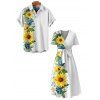 Vacation Couple Outfit Sunflower Floral Leaf Pattern A Line Midi Belt Dress and Button Up Shirt Casual Matching Outfit - Blanc S | US 4