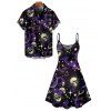 Gothic Couple Outfit Skulls Ghost Sun Moon Star Pattern Spaghetti Strap Tank Dress and Button Up Shirt Holiday Matching Outfit - Noir S | US 4