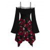 Robe gothique à lacets et imprimé feuilles de rose, à volants, épaules dénudées, manches longues évasées, ourlet asymétrique, robe de vacances - Noir XXL | US 14