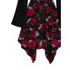 Robe gothique à lacets et imprimé feuilles de rose, à volants, épaules dénudées, manches longues évasées, ourlet asymétrique, robe de vacances - Noir XXL | US 14