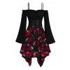Robe gothique à lacets et imprimé feuilles de rose, à volants, épaules dénudées, manches longues évasées, ourlet asymétrique, robe de vacances - Noir XXL | US 14