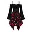 Robe gothique à lacets et imprimé feuilles de rose, à volants, épaules dénudées, manches longues évasées, ourlet asymétrique, robe de vacances - Noir XXL | US 14