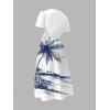 Robe de plage mi-longue à col en V et manches courtes, motif paysage de cocotiers, ceinture, ligne A - Blanc XXL | US 14