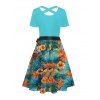 Robe de vacances à motif de feuilles de fleurs tropicales, ceinture, croisée, manches courtes, ligne A, robe de plage mi-longue - Vert clair XXL | US 14