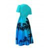 Robe de vacances à motif cocotier ombré avec ceinture, col en V, manches courtes, coupe trapèze, mi-longue, pour la plage - Bleu L | US 8-10