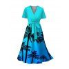 Robe de vacances à motif cocotier ombré avec ceinture, col en V, manches courtes, coupe trapèze, mi-longue, pour la plage - Bleu L | US 8-10