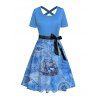 Robe de vacances à ceinture et motif de navire à éléments nautiques, robe de plage mi-longue à manches courtes et coupe trapèze - Bleu Ciel XXL | US 14