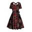 Robe de vacances à carreaux avec ceinture et motif badge, coupe croisée, manches courtes, coupe trapèze, mi-longue, style vintage - Rouge foncé XXL | US 14