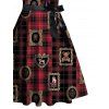 Robe de vacances à carreaux avec ceinture et motif badge, coupe croisée, manches courtes, coupe trapèze, mi-longue, style vintage - Rouge foncé XXL | US 14