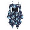 Robe de vacances à lacets et motif floral et feuilles, à volants, épaules dénudées, manches longues évasées, ourlet asymétrique, décontractée - Bleu profond XXL | US 14