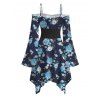 Robe de vacances à lacets et motif floral et feuilles, à volants, épaules dénudées, manches longues évasées, ourlet asymétrique, décontractée - Bleu profond XXL | US 14