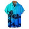Vacation Couple Outfit Ombre Coconut Tree Pattern Belt V Neck Short Sleeve A Line Midi Dress and Button Up Shirt Beach Matching Outfit - Bleu S | US 4