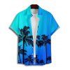 Vacation Couple Outfit Ombre Coconut Tree Pattern Belt V Neck Short Sleeve A Line Midi Dress and Button Up Shirt Beach Matching Outfit - Bleu S | US 4