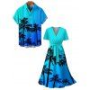 Vacation Couple Outfit Ombre Coconut Tree Pattern Belt V Neck Short Sleeve A Line Midi Dress and Button Up Shirt Beach Matching Outfit - Bleu S | US 4